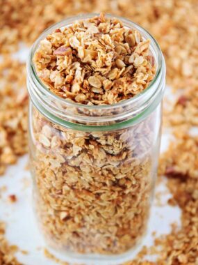 A jar of healthy homemade granola.