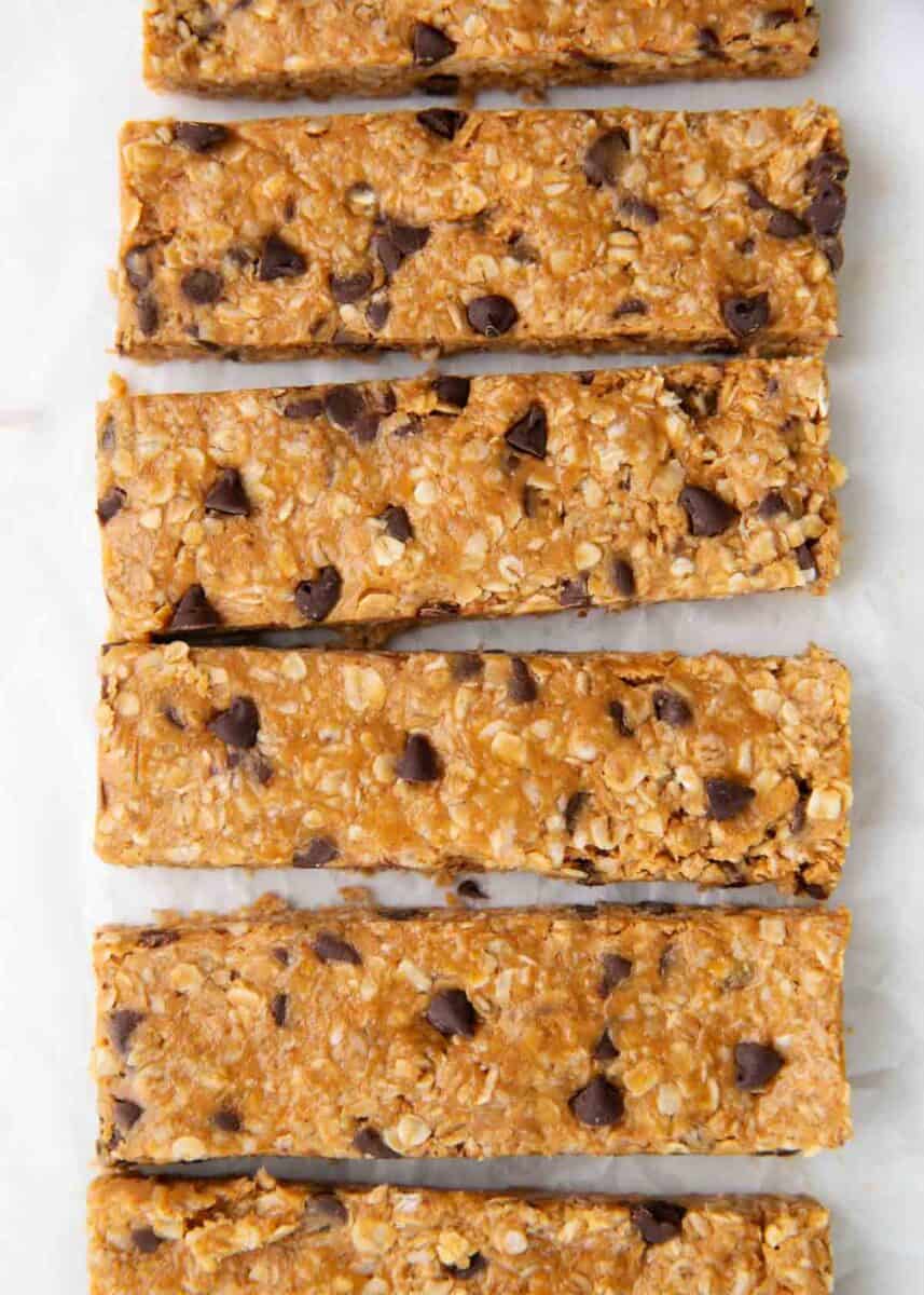 Soft and chewy homemade granola bars cut into rectangular bars, an easy make-ahead after school snack.