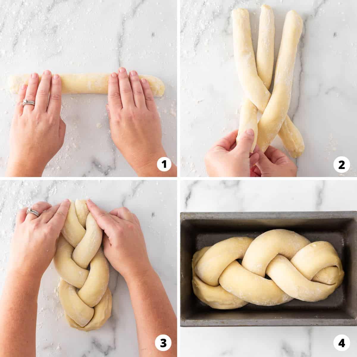 Showing how to braid the bread in a 4 step collage. 