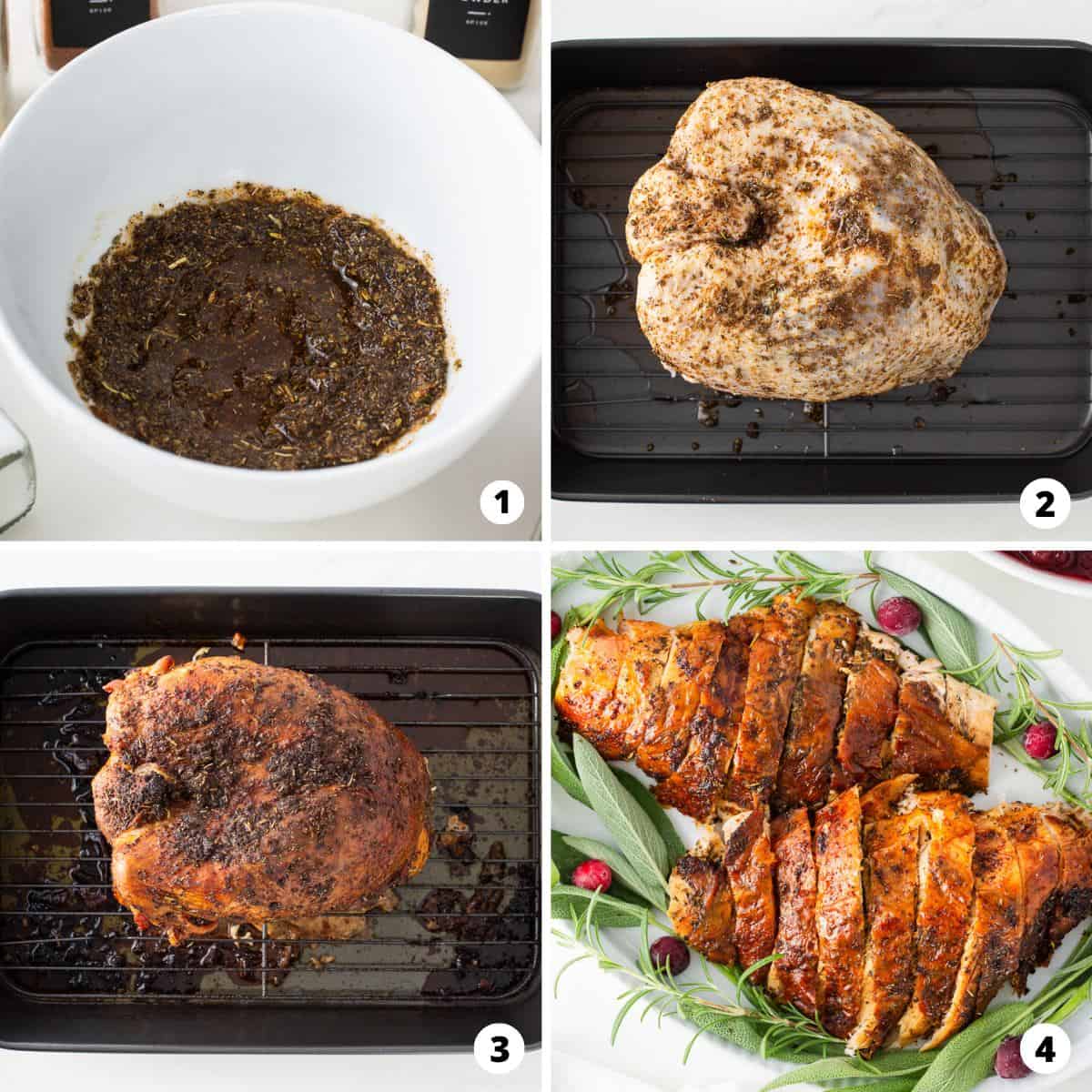 Showing how to cook a turkey breast in a 4 step collage.