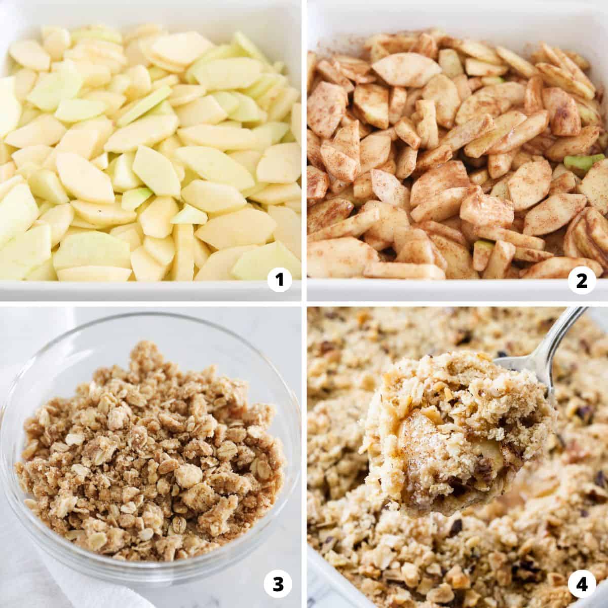 Showing how to make apple crisp in a 4 step collage.