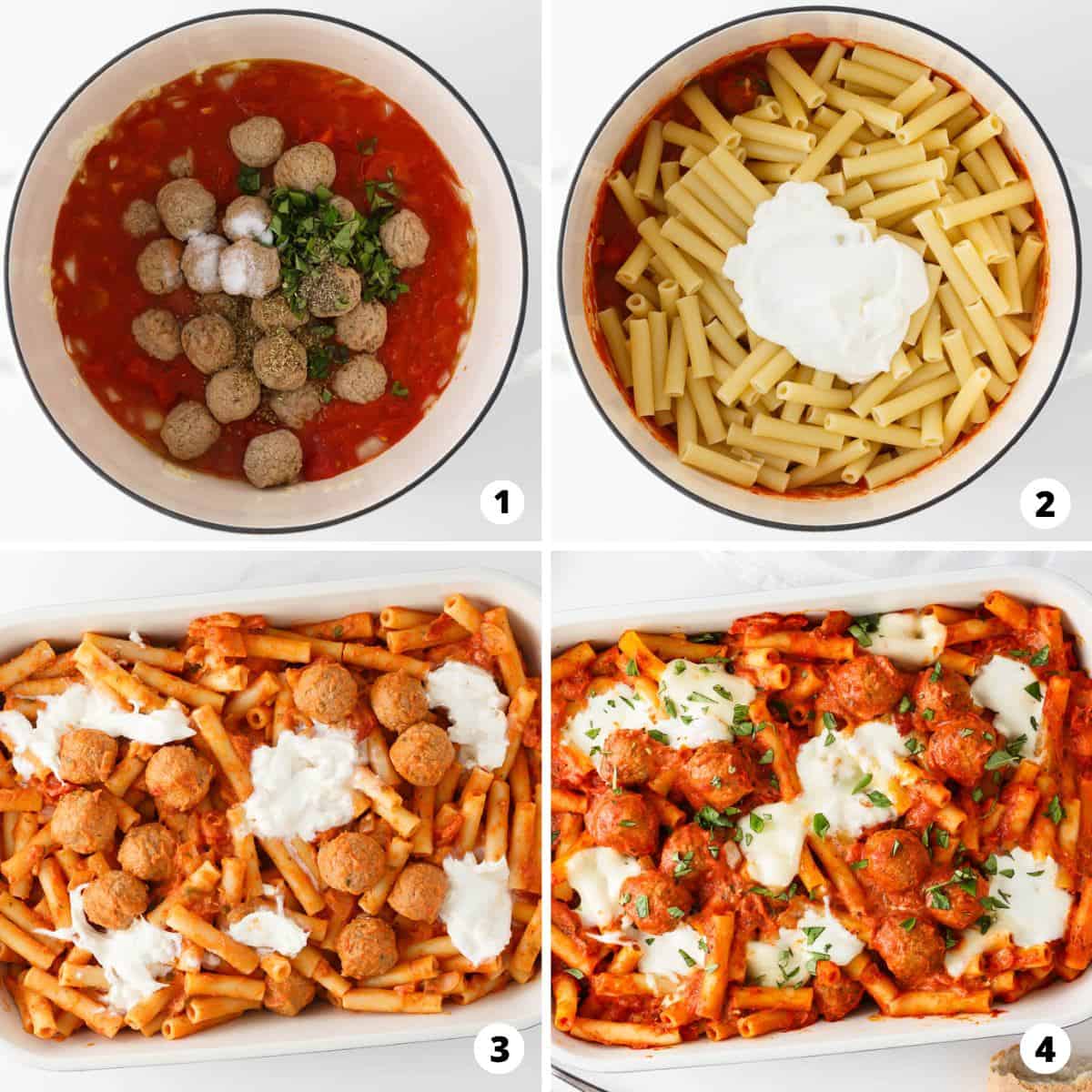 Showing how to make baked ziti with meatballs in a 4 step collage.