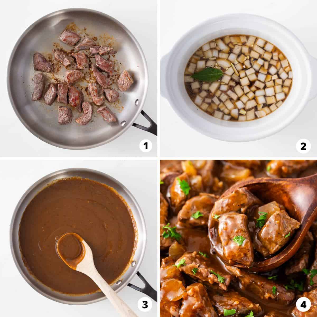 Showing how to make beef tips in a 4 step collage.