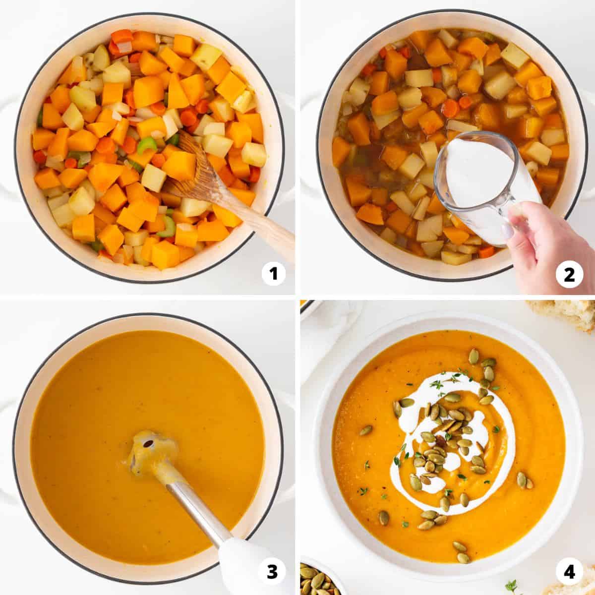 Showing how to make butternut squash soup in a 4 step collage.
