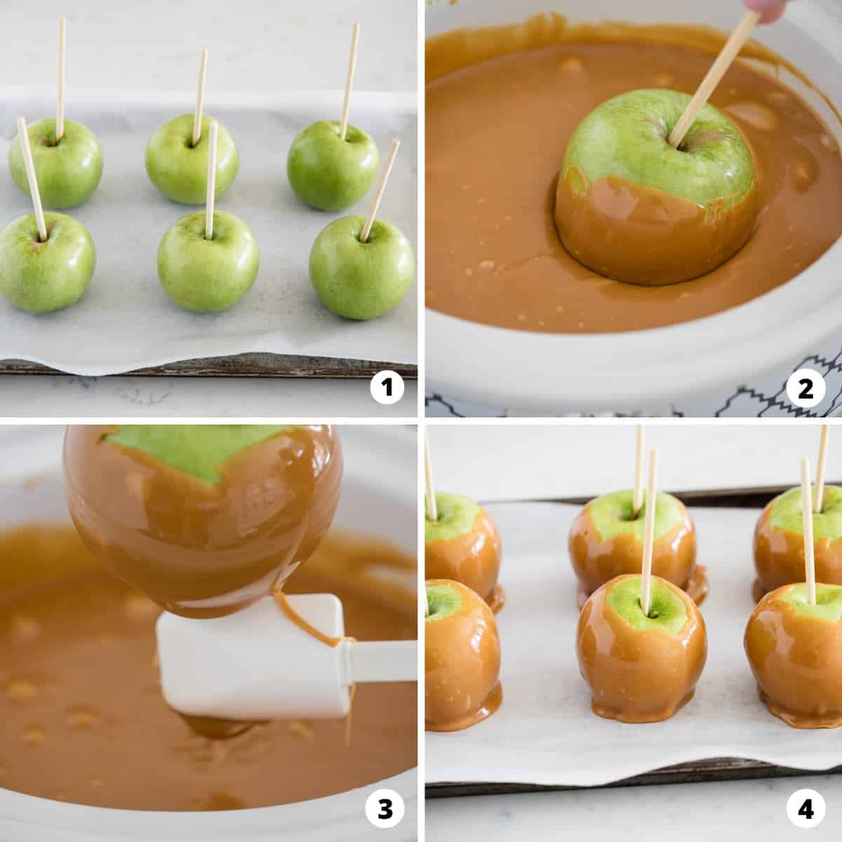 Showing how to make caramel apples in a 4 step collage.