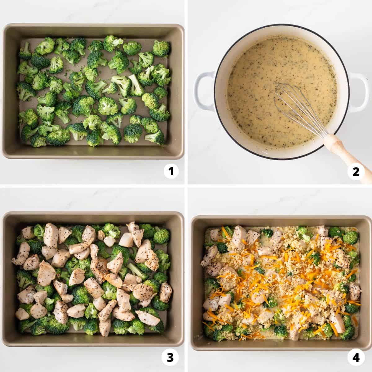 Showing how to make chicken divan in a 4 step collage.