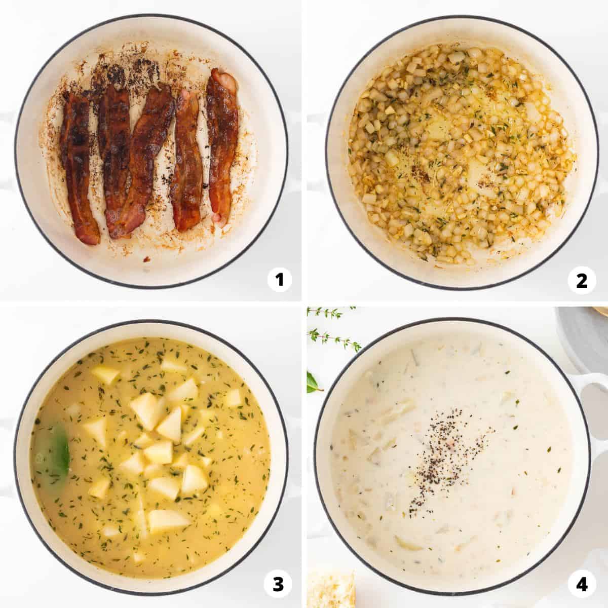 Four photo collage showing how to make clam chowder.