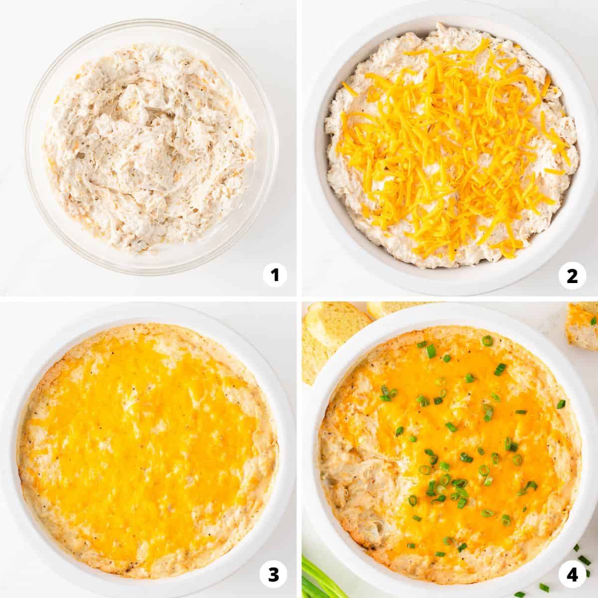 Showing how to make crab dip in a 4 step collage.