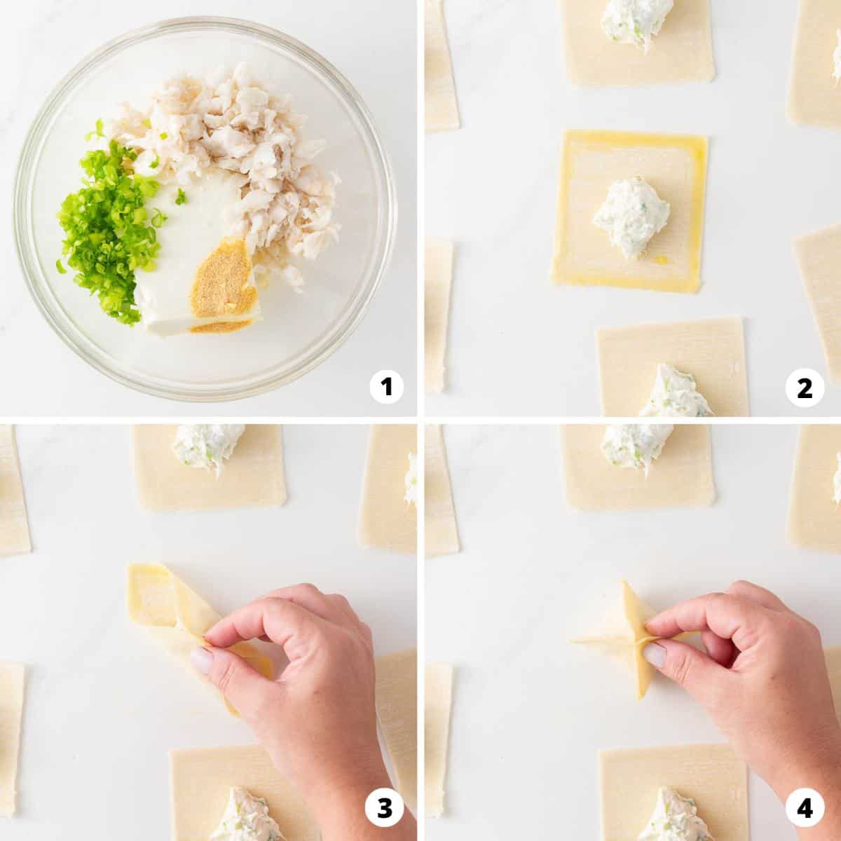 Showing how to make crab rangoon in a 4 step collage.