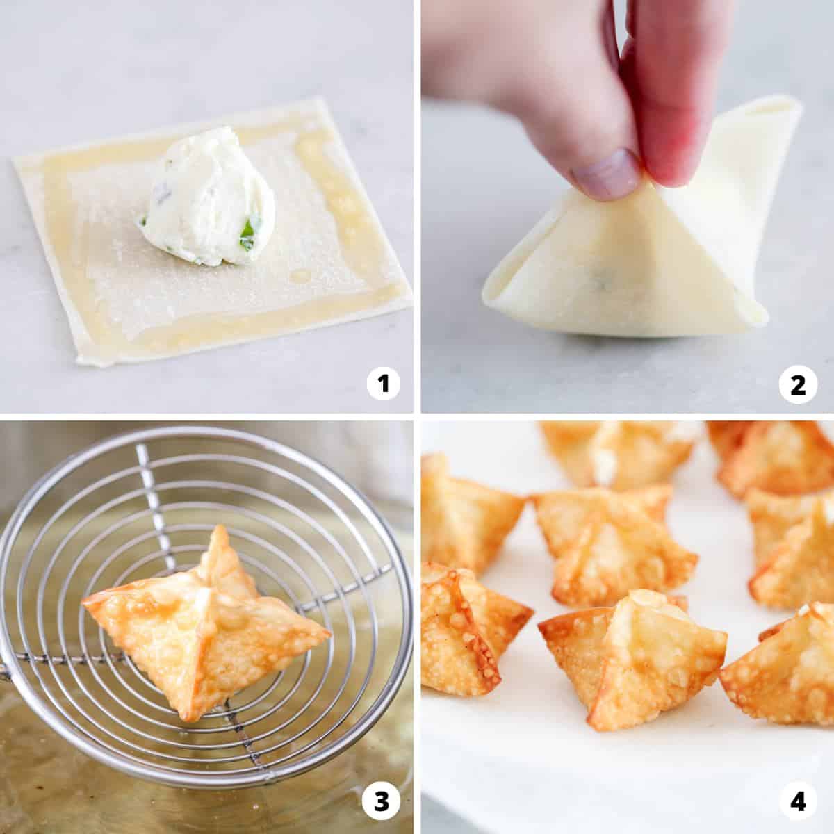 Showing how to make cream cheese wontons in a 4 step collage. 