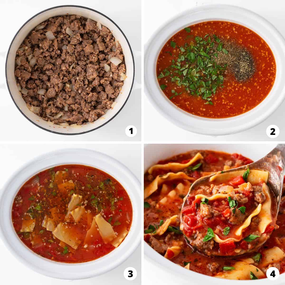 Showing how to make lasagna soup in a 4 step collage.