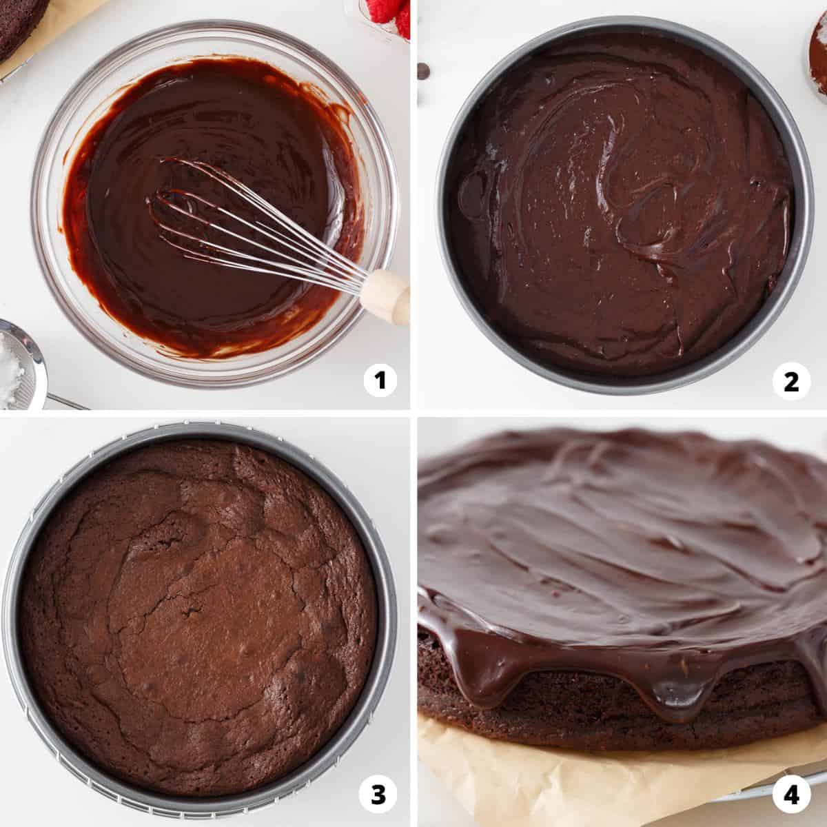 Showing how to make a flourless chocolate in a 4 step collage.