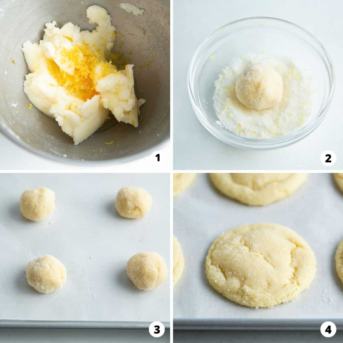 Showing how to make lemon sugar cookies in a 4 step collage.