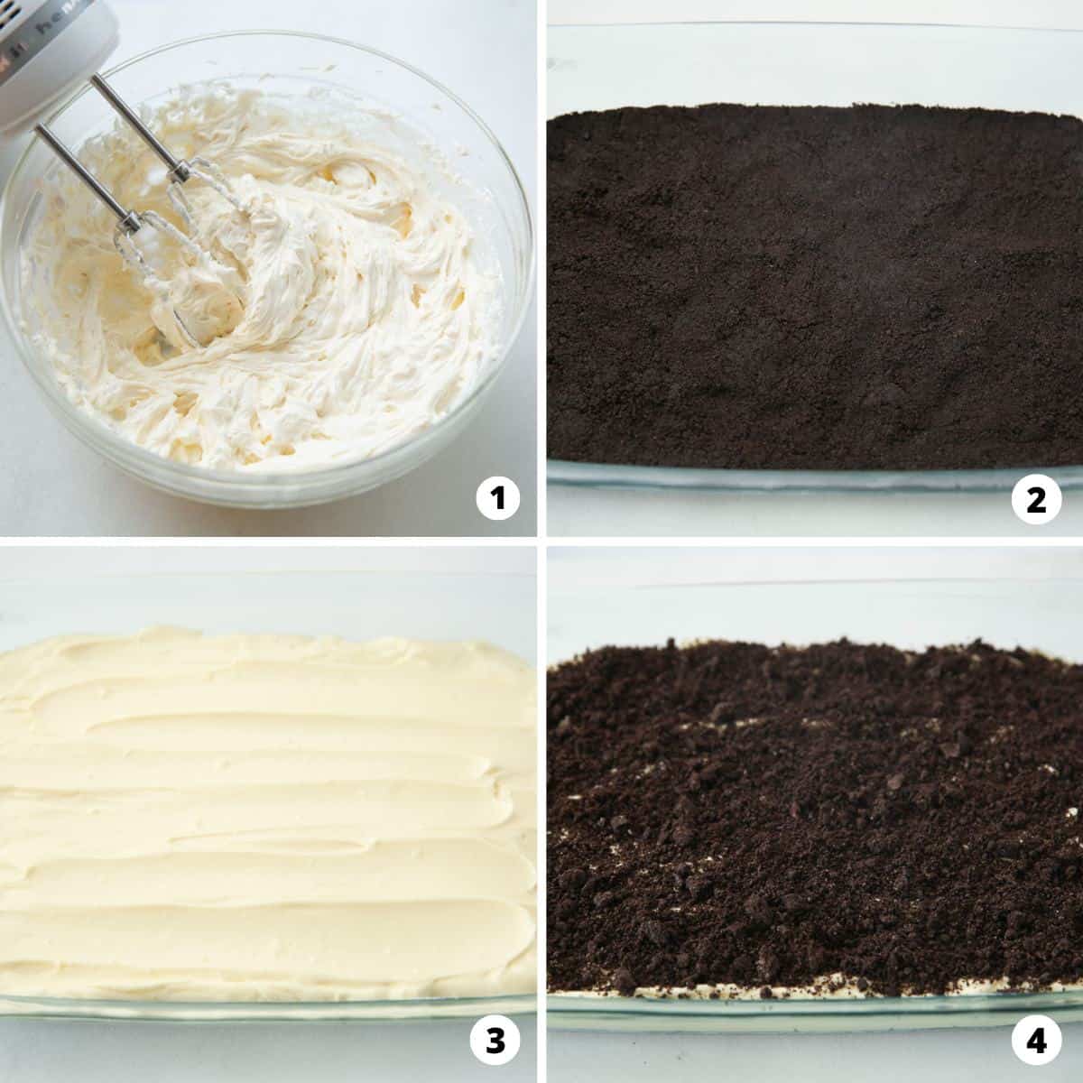 Showing how to make oreo dirt cake in a 4 step collage.