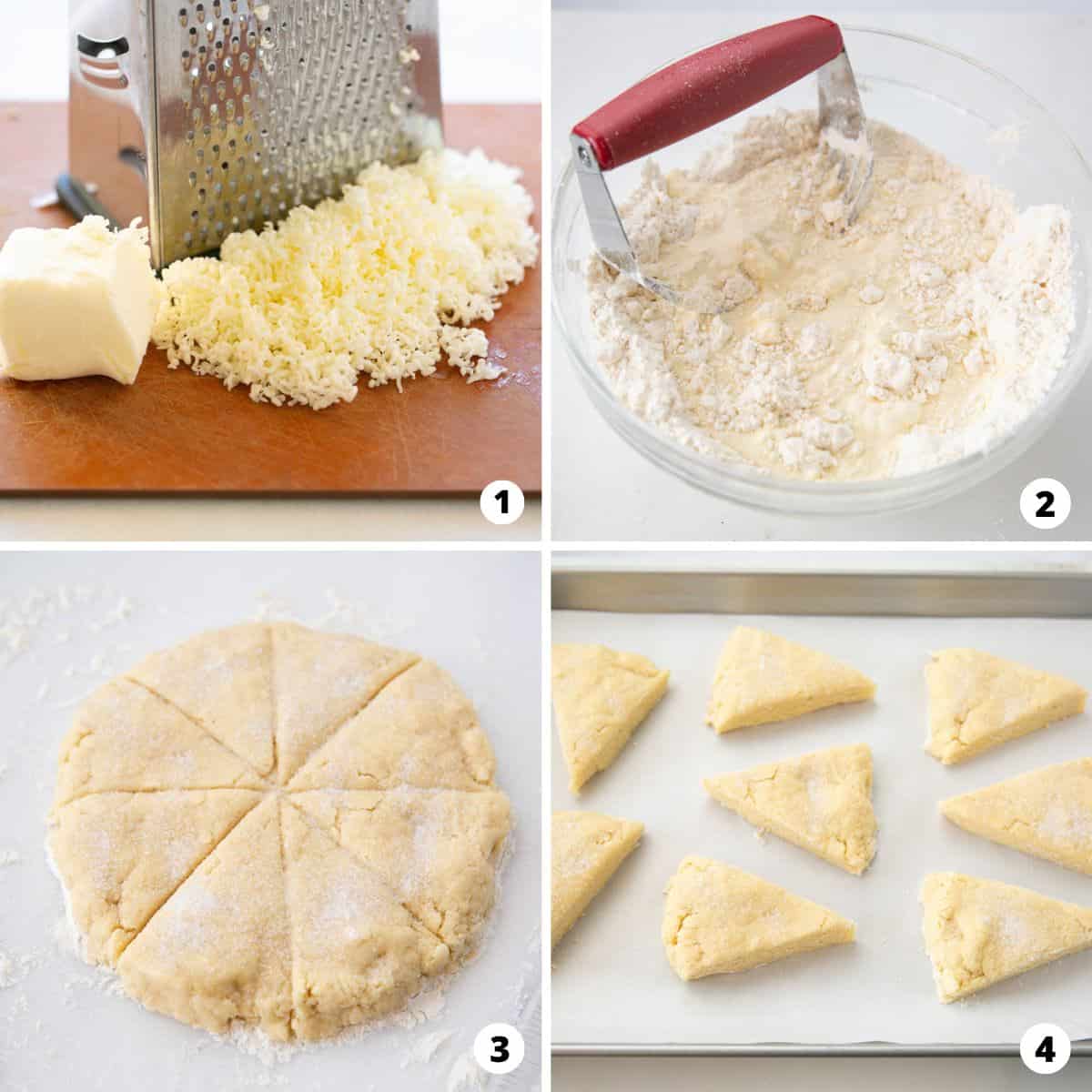 Showing how to make scones in a 4 step collage.