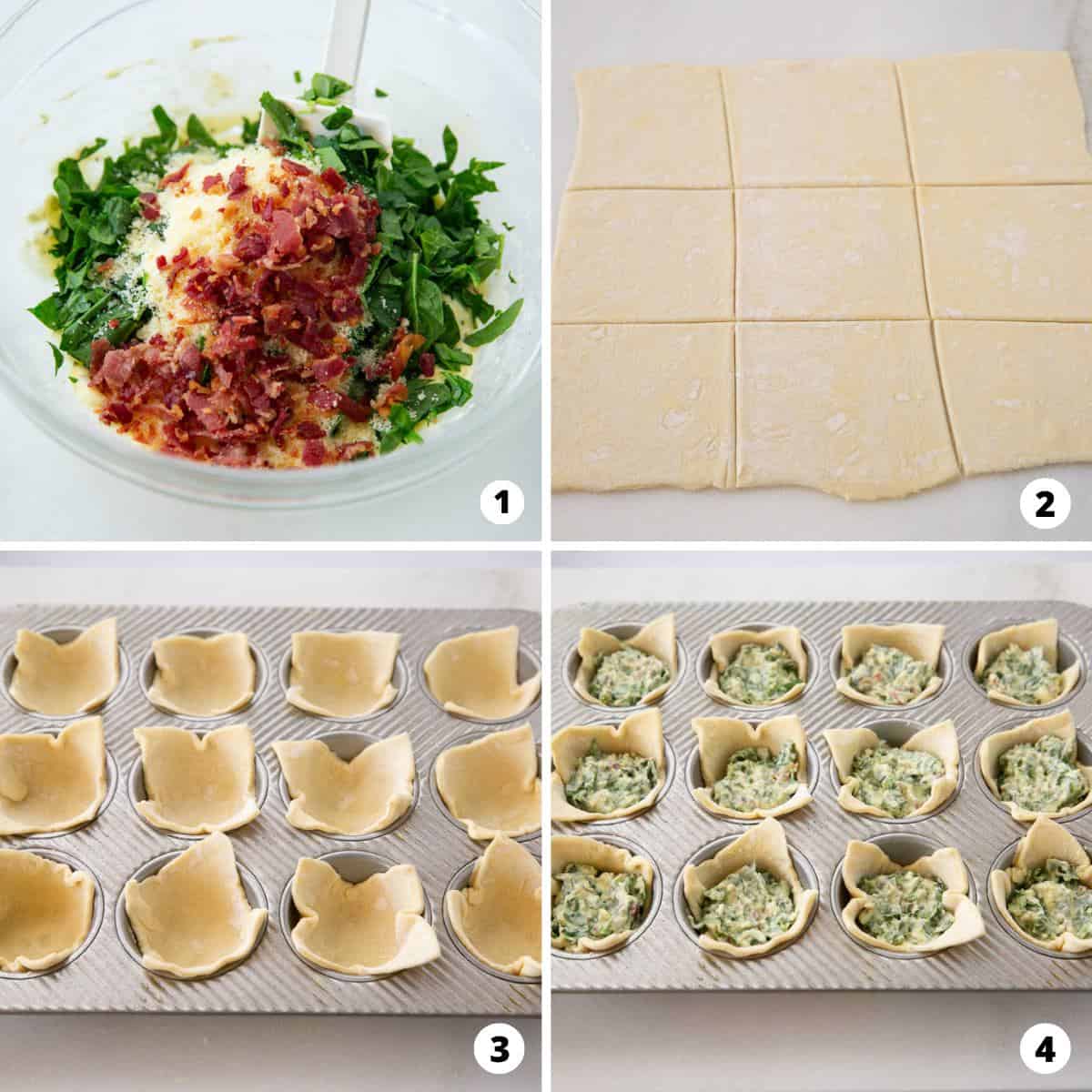Showing how to make spinach puffs in a 4 step collage.