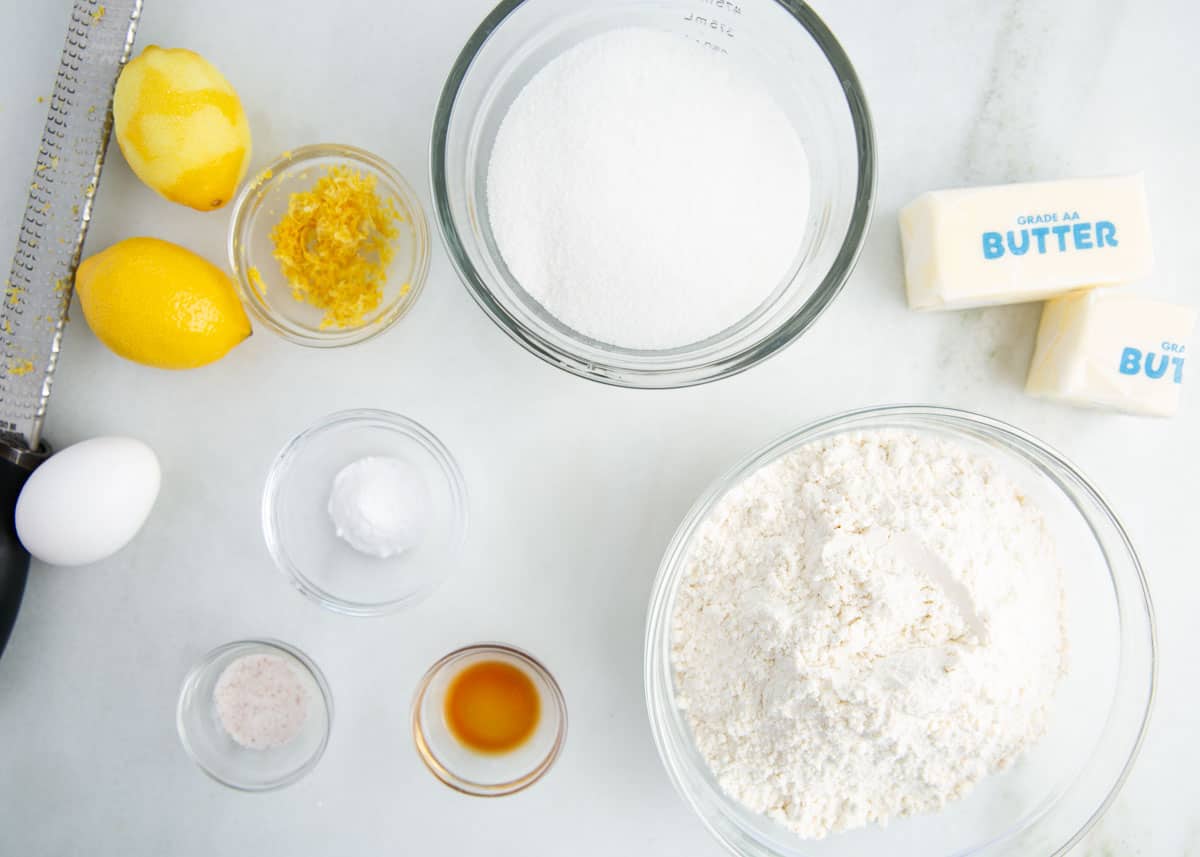 Lemon sugar cookies ingredients on the counter.