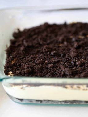 Oreo dirt cake in a glass dish.