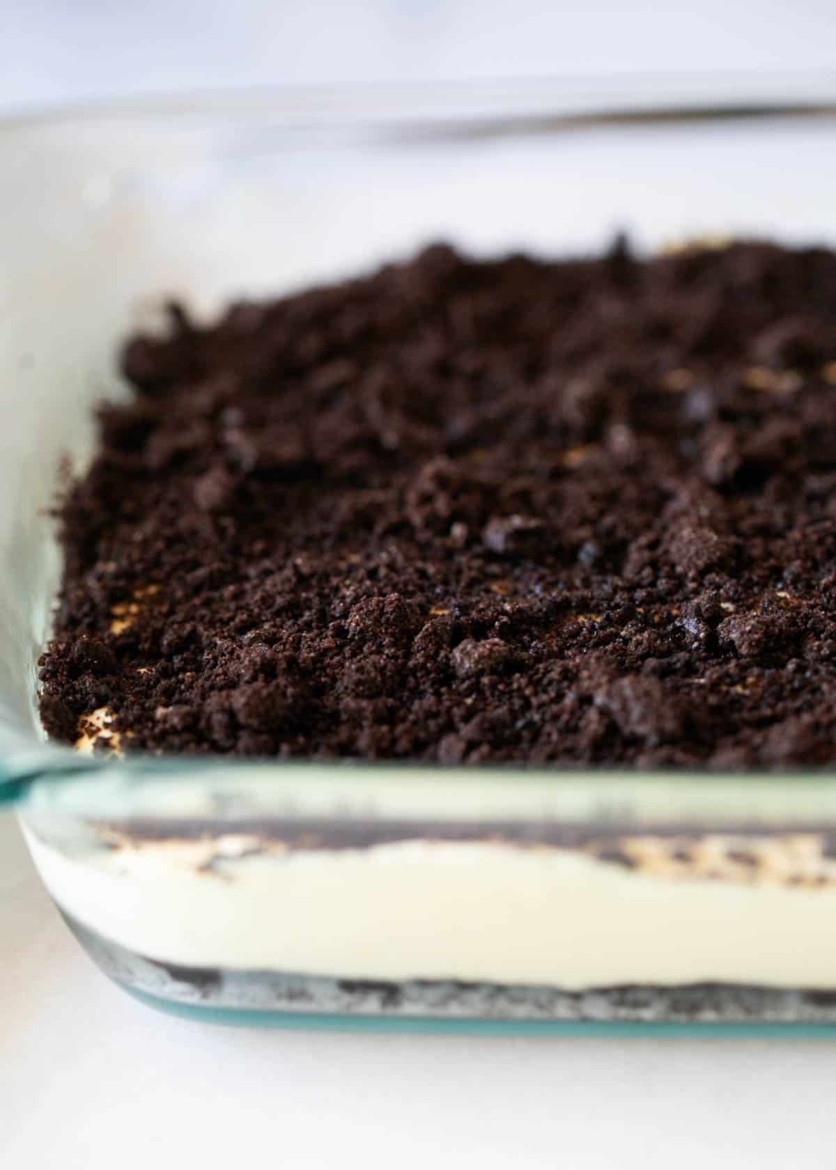 Oreo dirt cake in a glass dish.