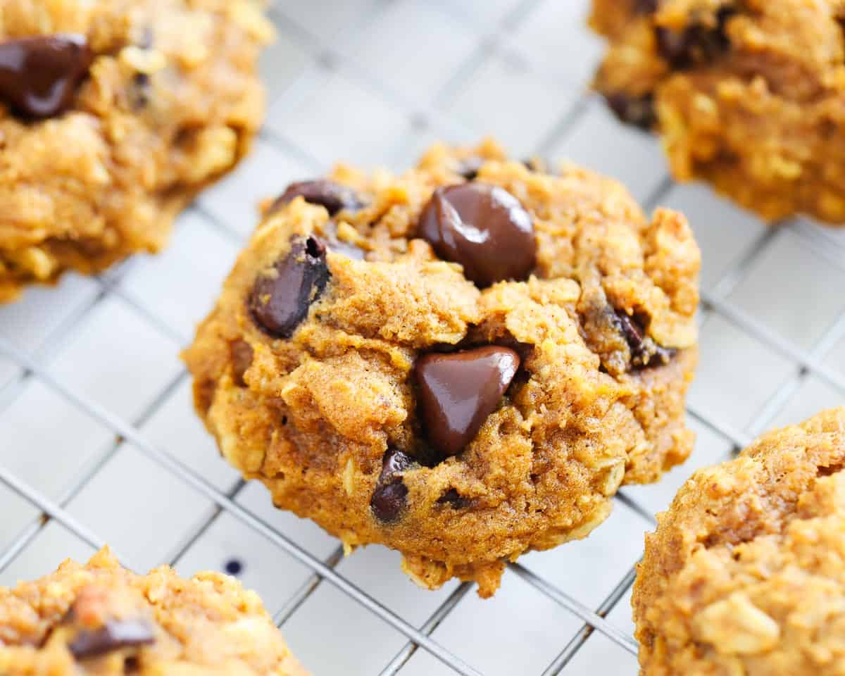 Pumpkin oatmeal chocolate chip cookies on cooling rack.