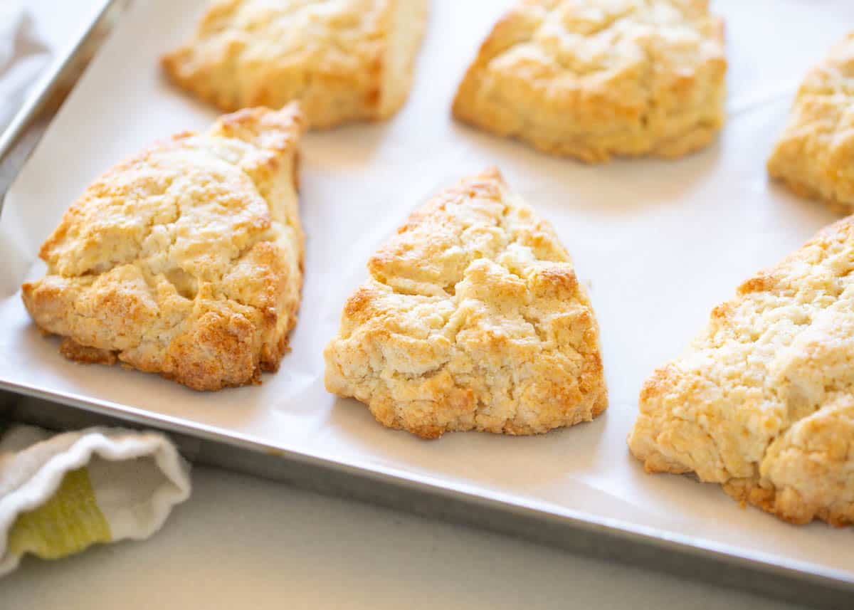 Scones on a baking sheet.