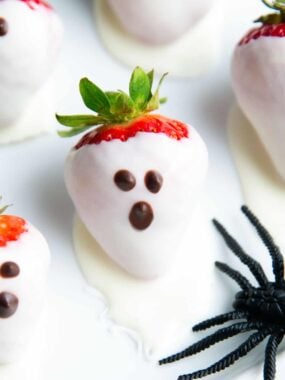 Strawberry ghosts on a plate.