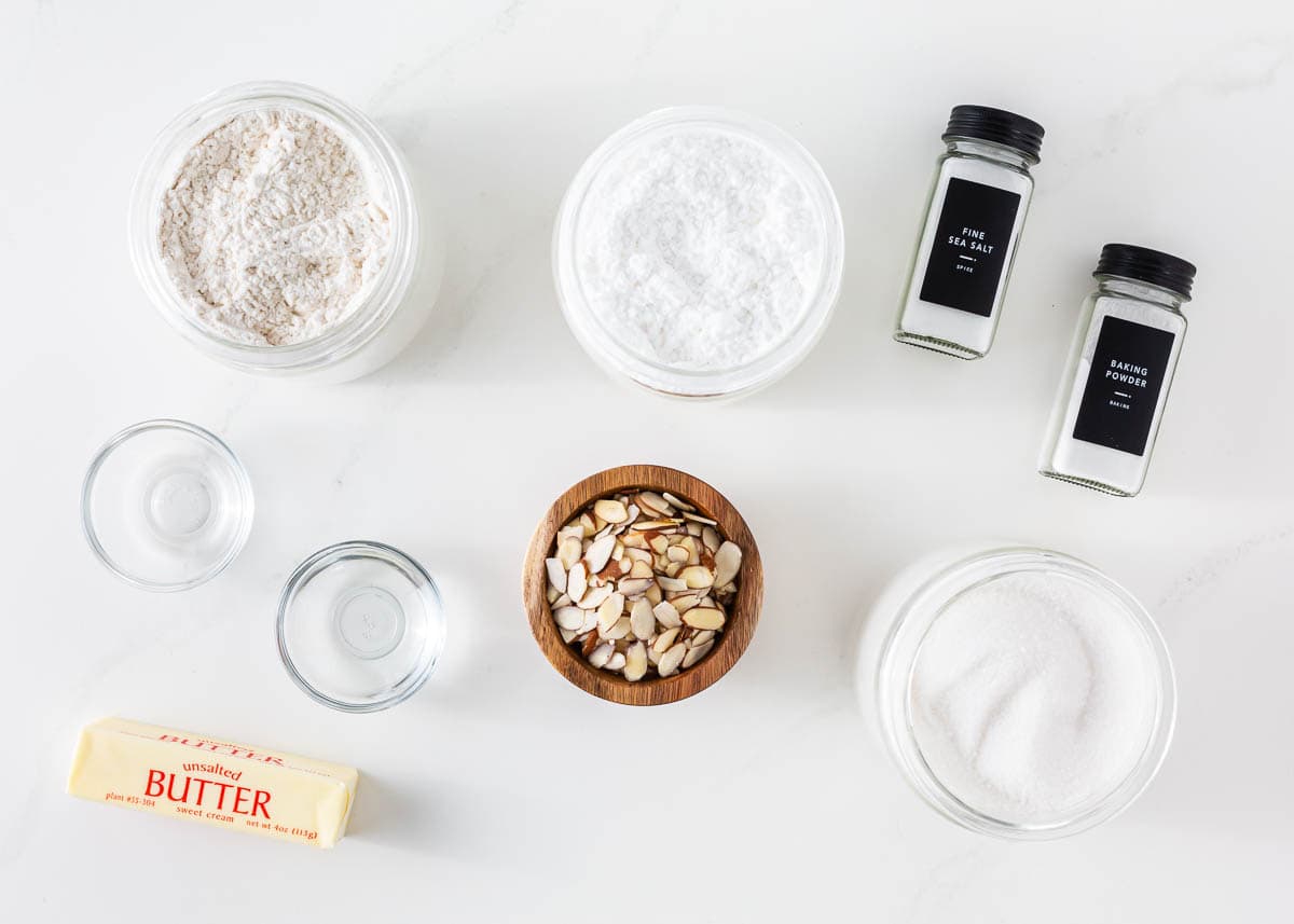 Almond cookie ingredients on the counter.