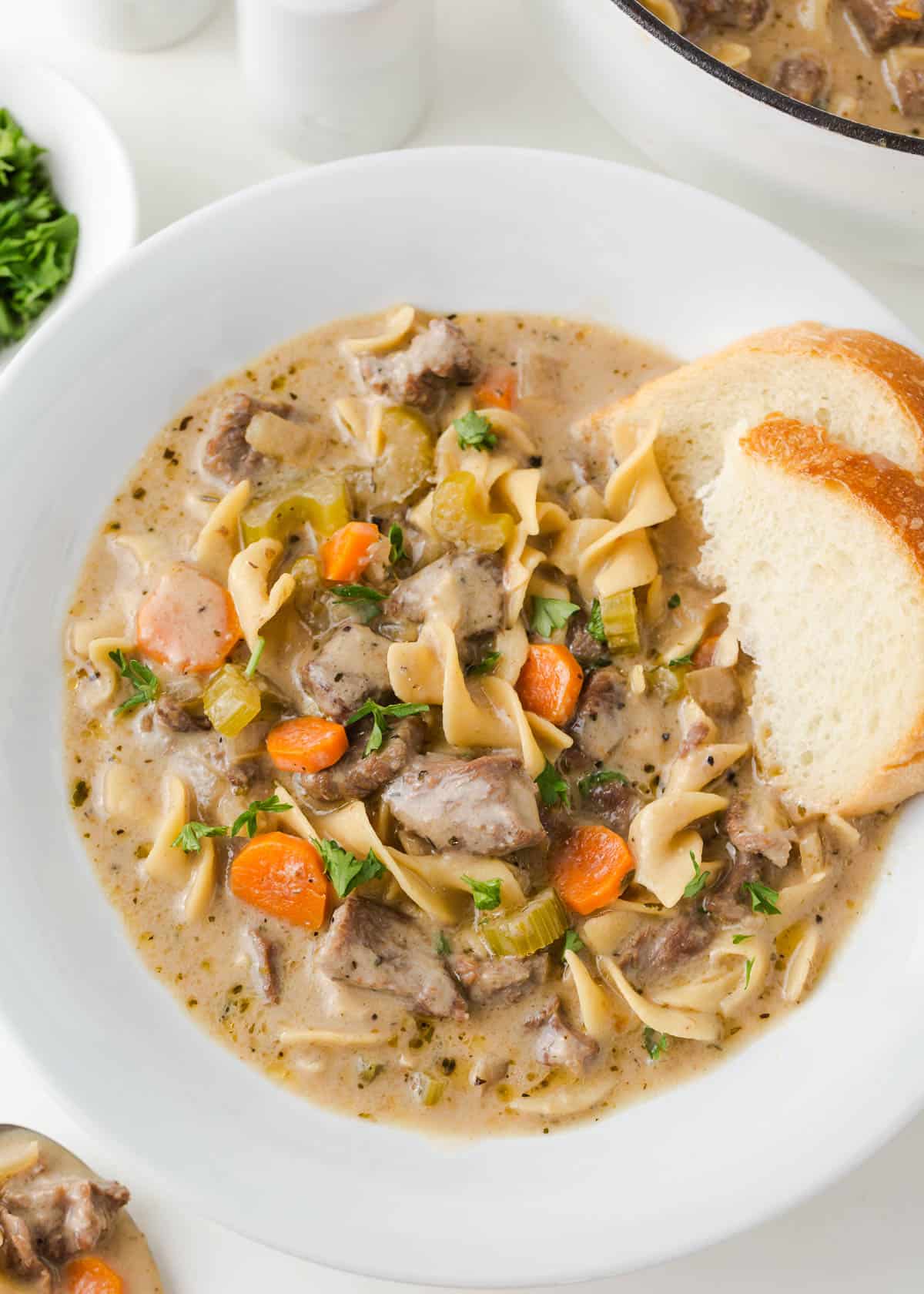 Beef noodle soup in a bowl.