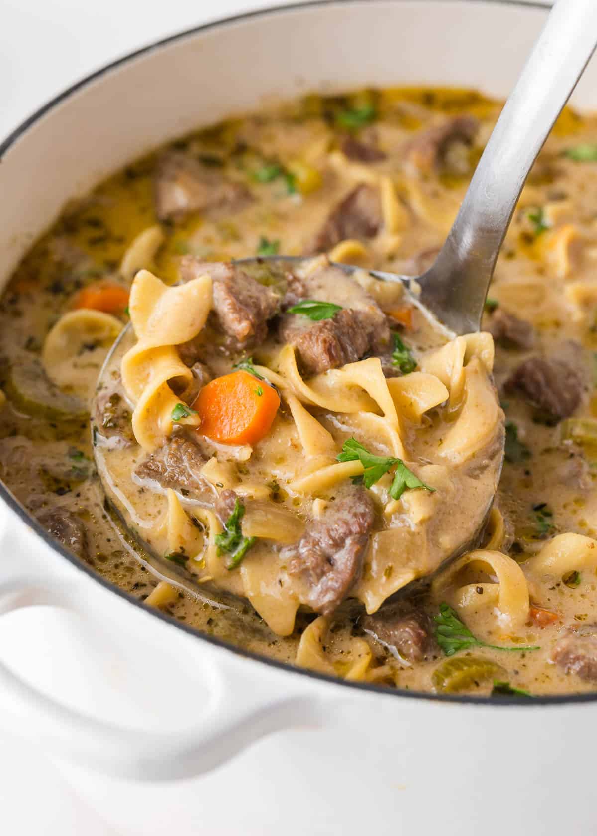 The best beef noodle soup in a white pot.