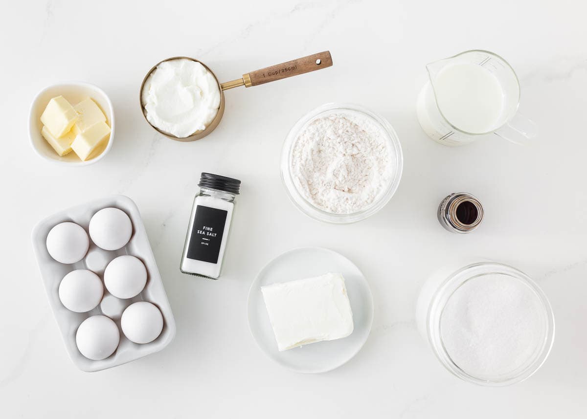 Blintzes ingredients on counter. 