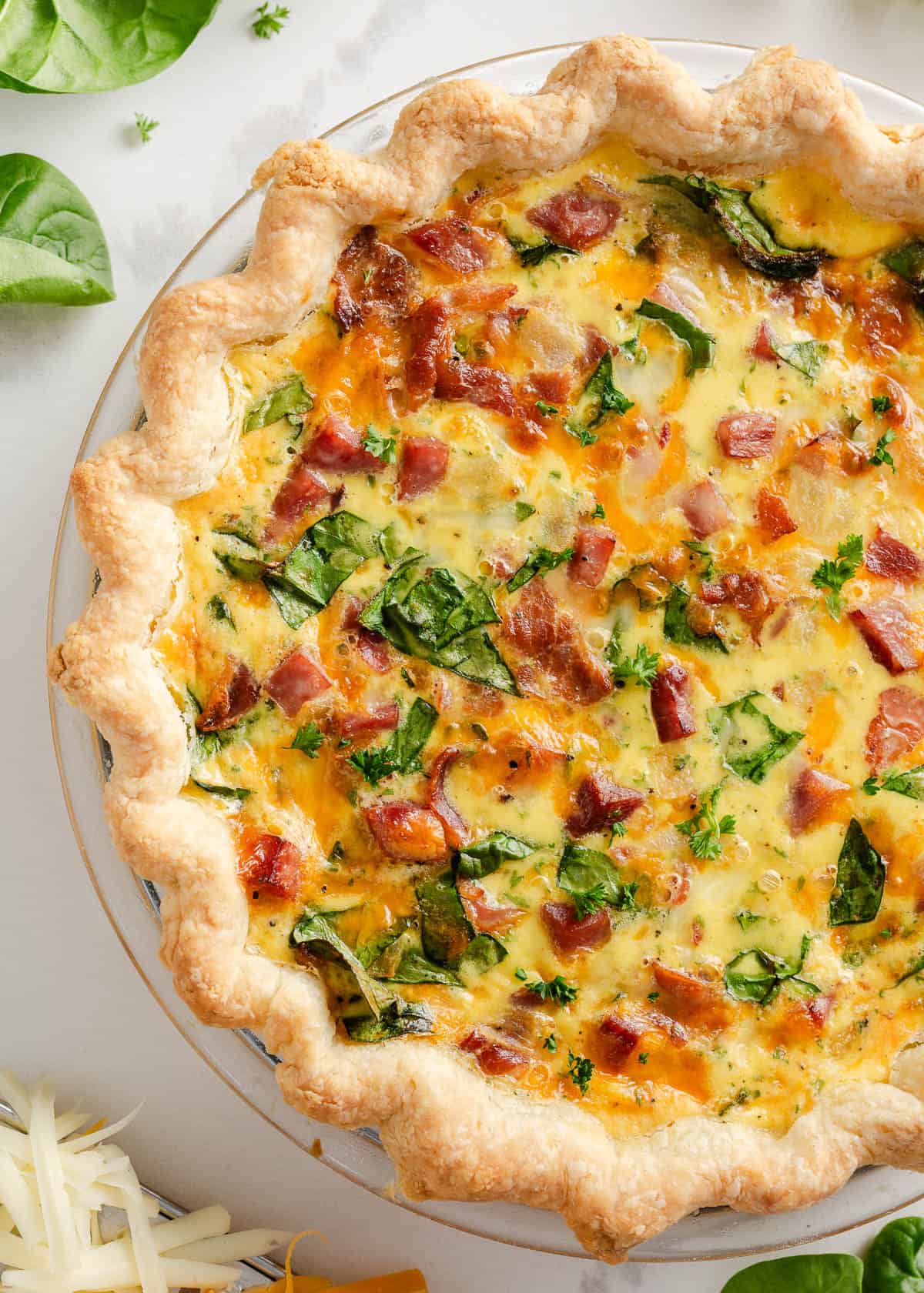 Ham and cheese quiche on the counter.