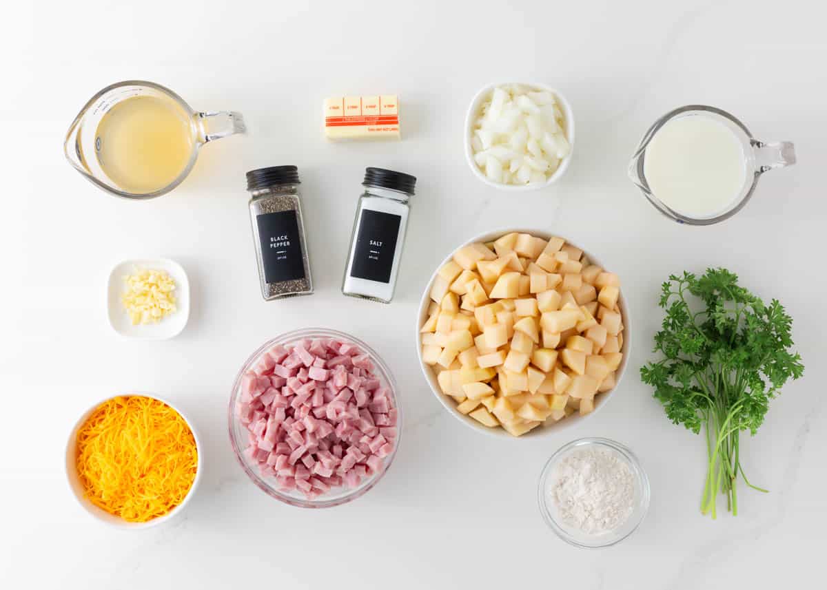 Ham and potato casserole ingredients on the counter.