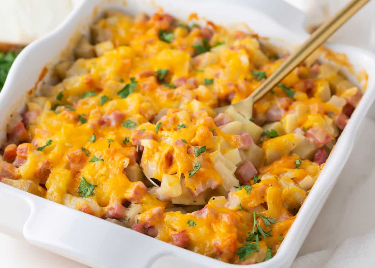 The best ham and potato casserole in a white baking dish.