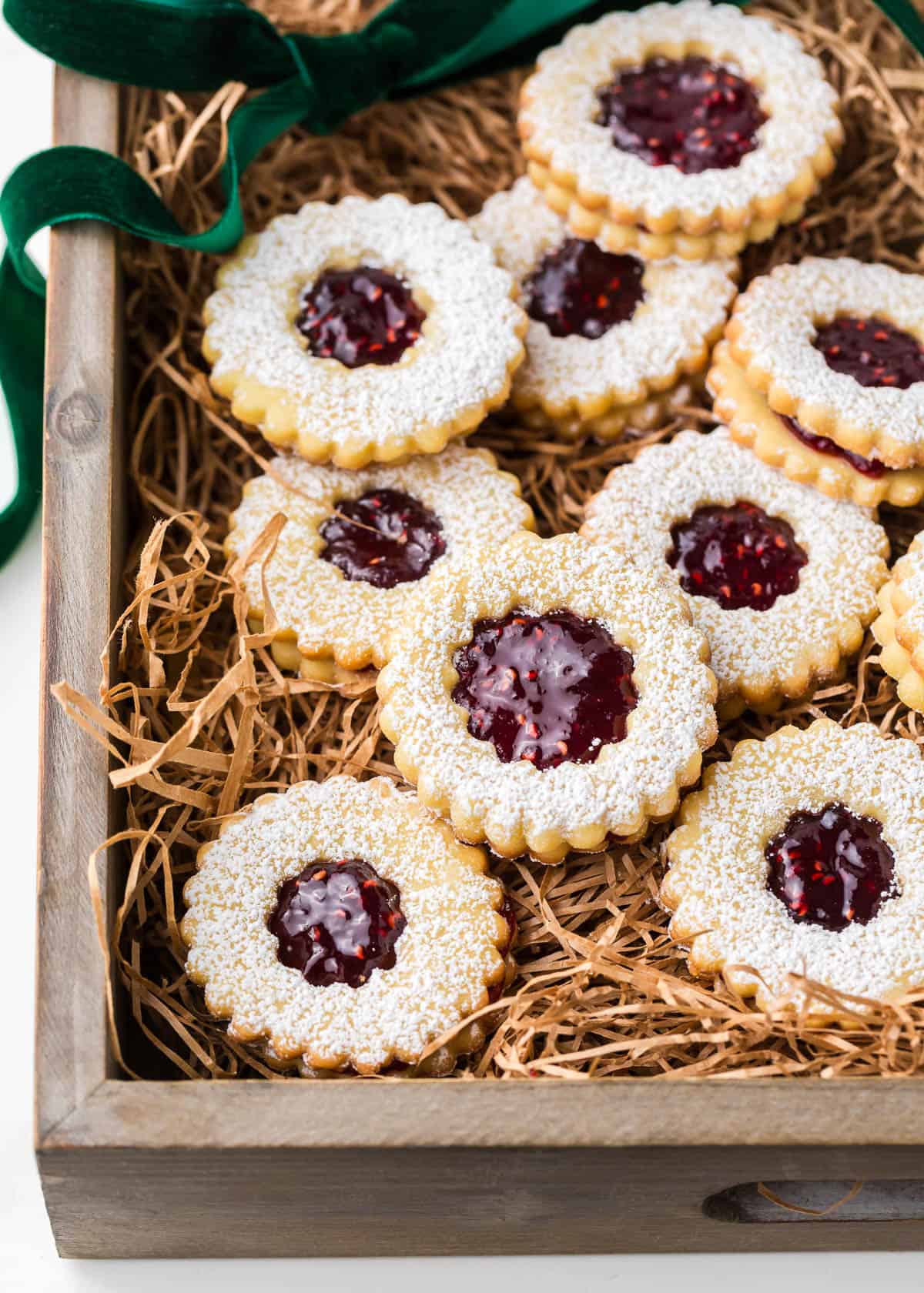 Linzer cookies in a gift box.