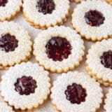 Linzer cookies on the counter.