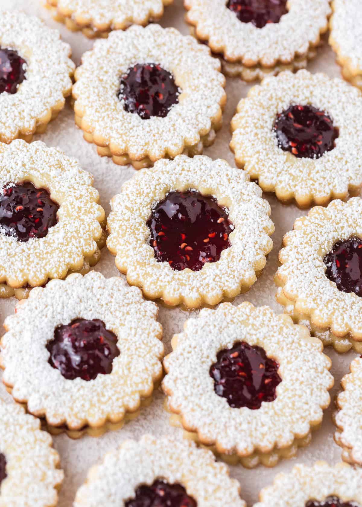 Linzer cookies on the counter.