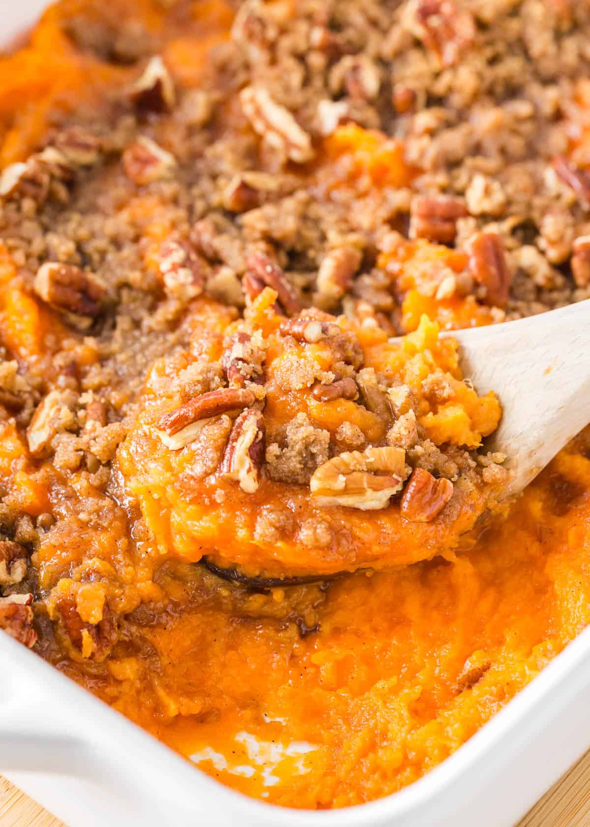 Sweet potato casserole baked in a dish.