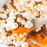 Sweet potato casserole with marshmallows in a dish.