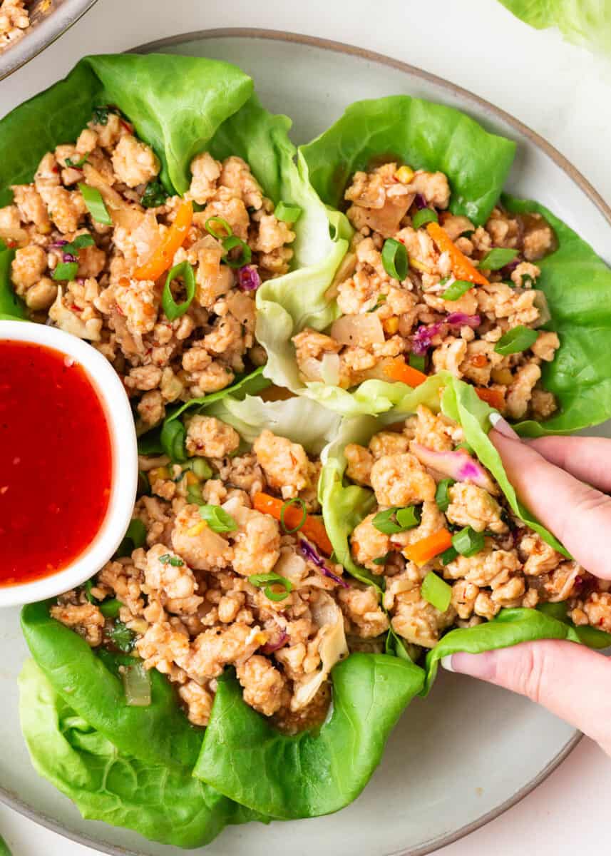 Close-up of someone holding a Thai chicken lettuce wrap, ready to eat.