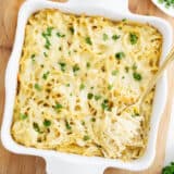 Turkey tetrazzini in a white baking dish.