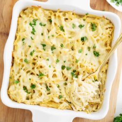 Turkey tetrazzini in a white baking dish.