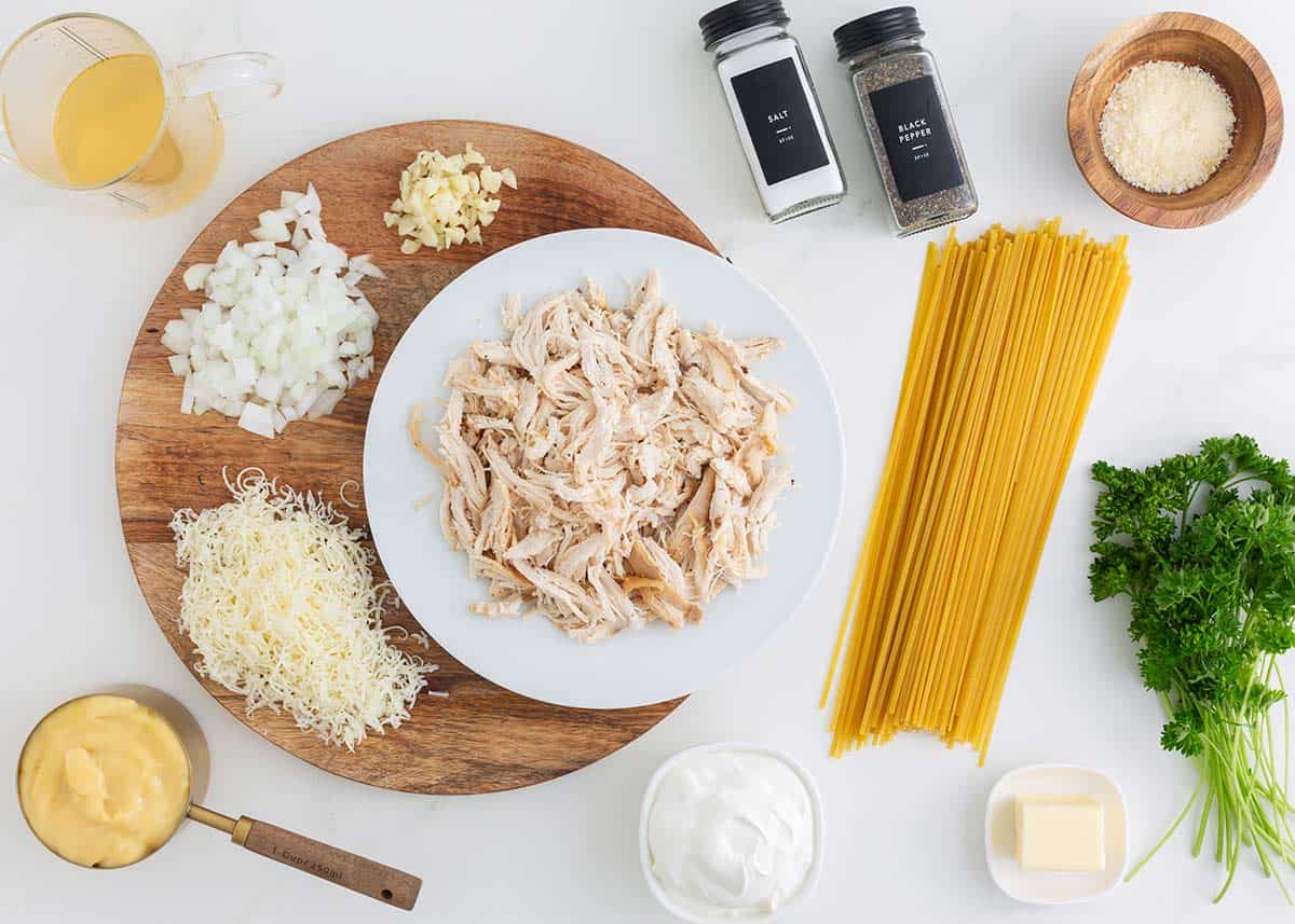 Turkey tetrazzini ingredients on the counter.