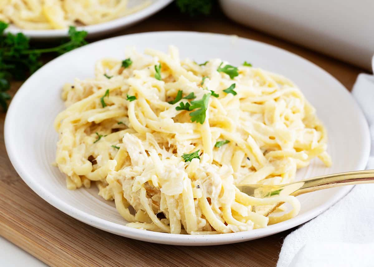 Turkey tetrazzini on a white plate.