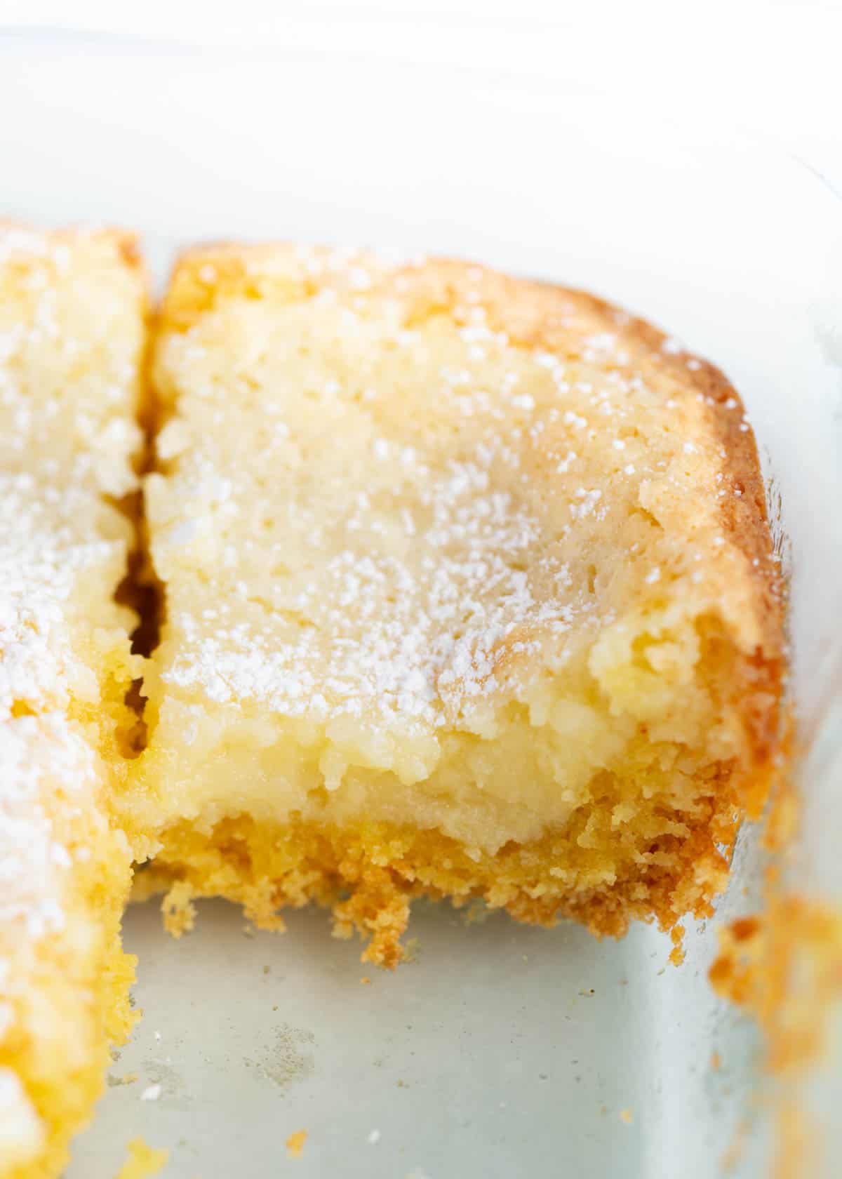 Gooey butter cake in baking dish. 