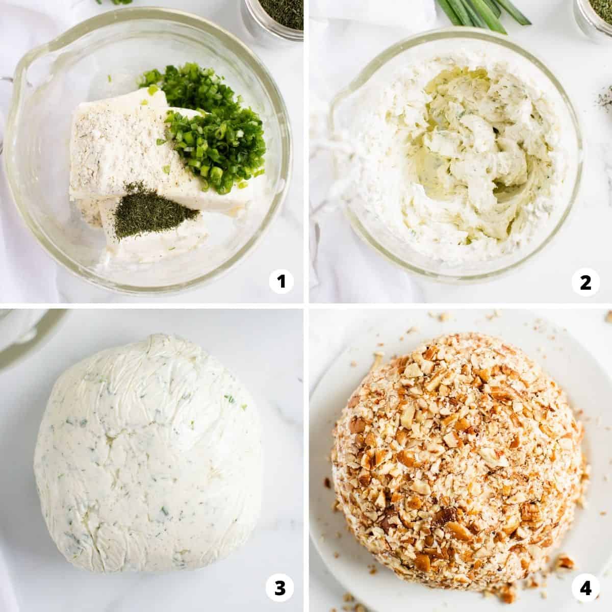 Showing how to make a cheese ball in a 4 step collage.