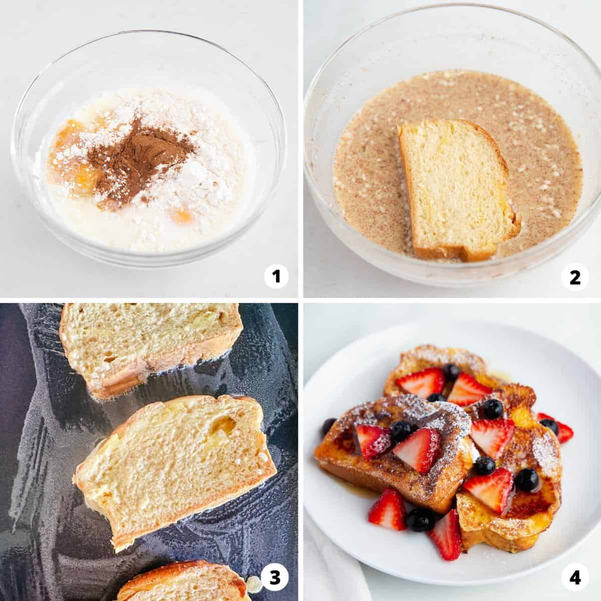 Showing how to make brioche french toast in a 4 step collage.