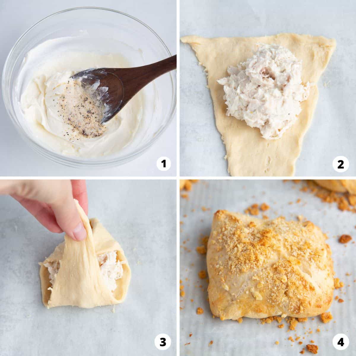 Showing how to make chicken crescent rolls in a 4 step collage.