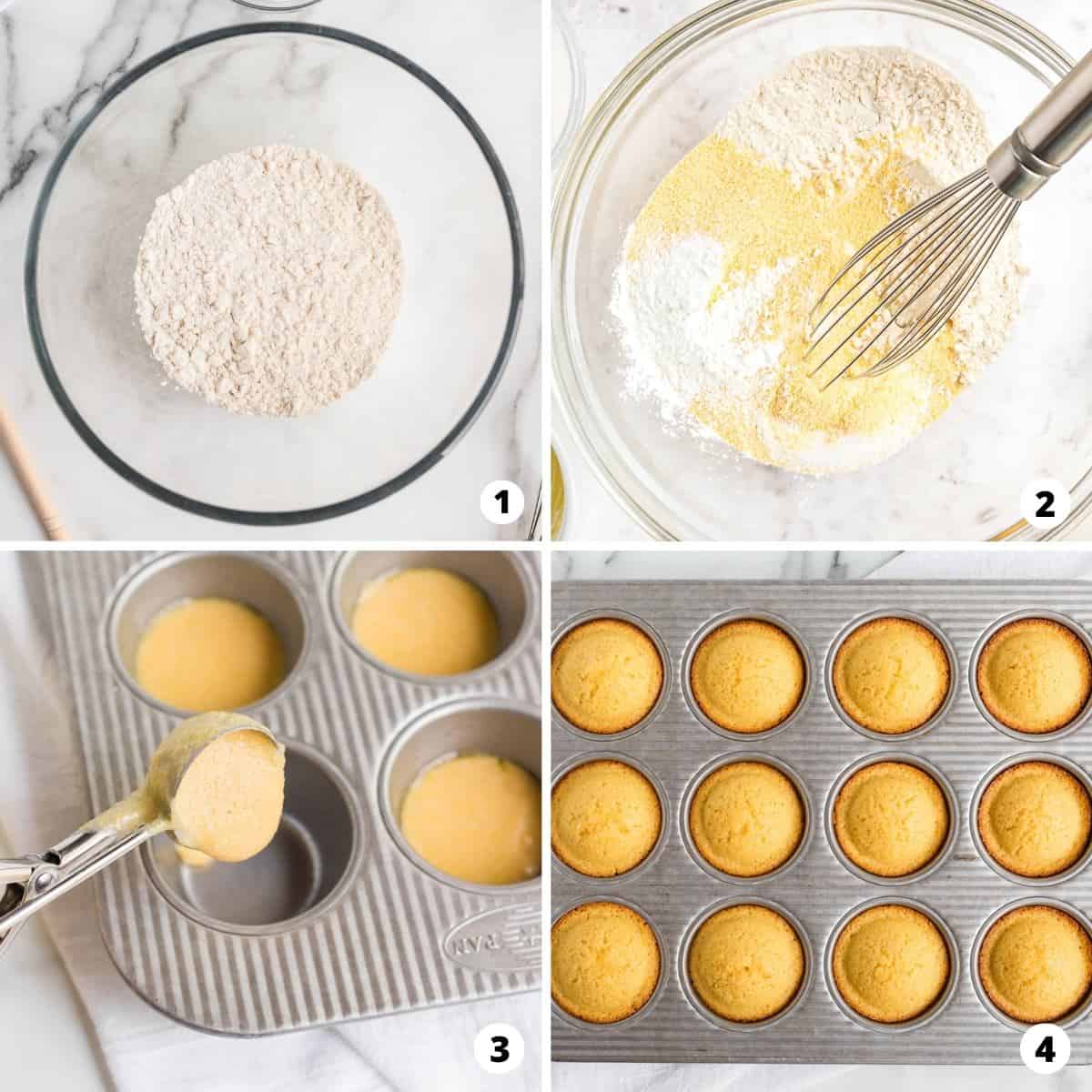 Steps on how to make cornbread muffins. 