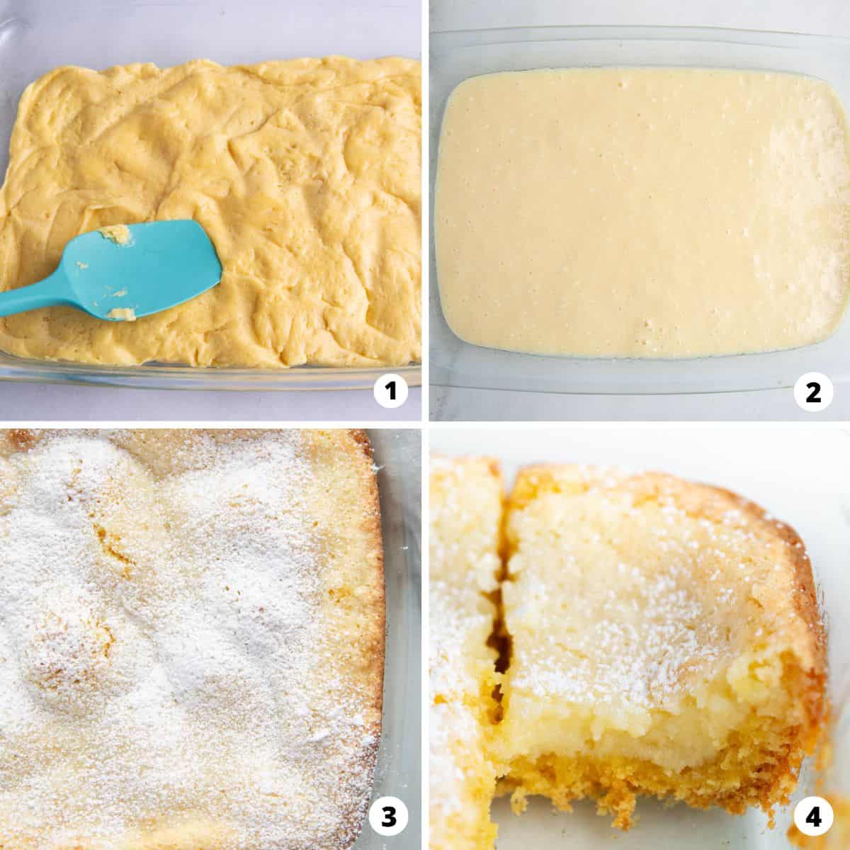 Showing how to make gooey butter cake in a 4 step collage.