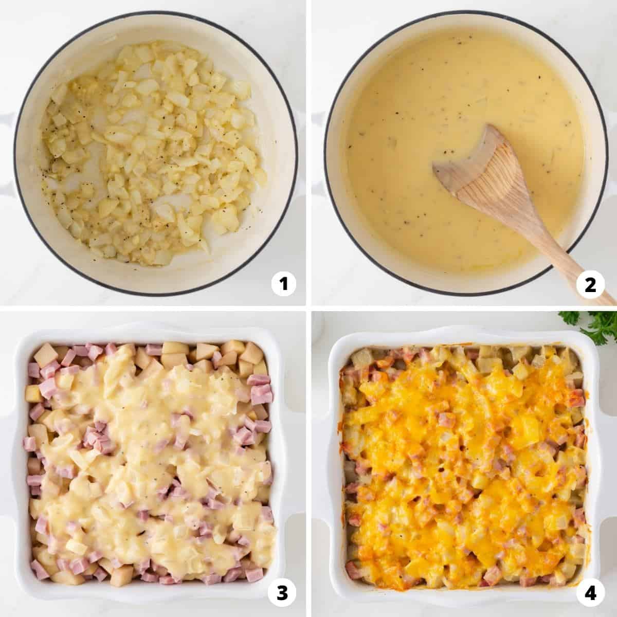 Showing how to make ham and potato casserole in a 4 step collage.